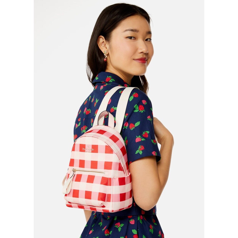 New Kate Spade Chelsea Gingham Mini Backpack Nylon Pink Multi - Picture 2 of 5